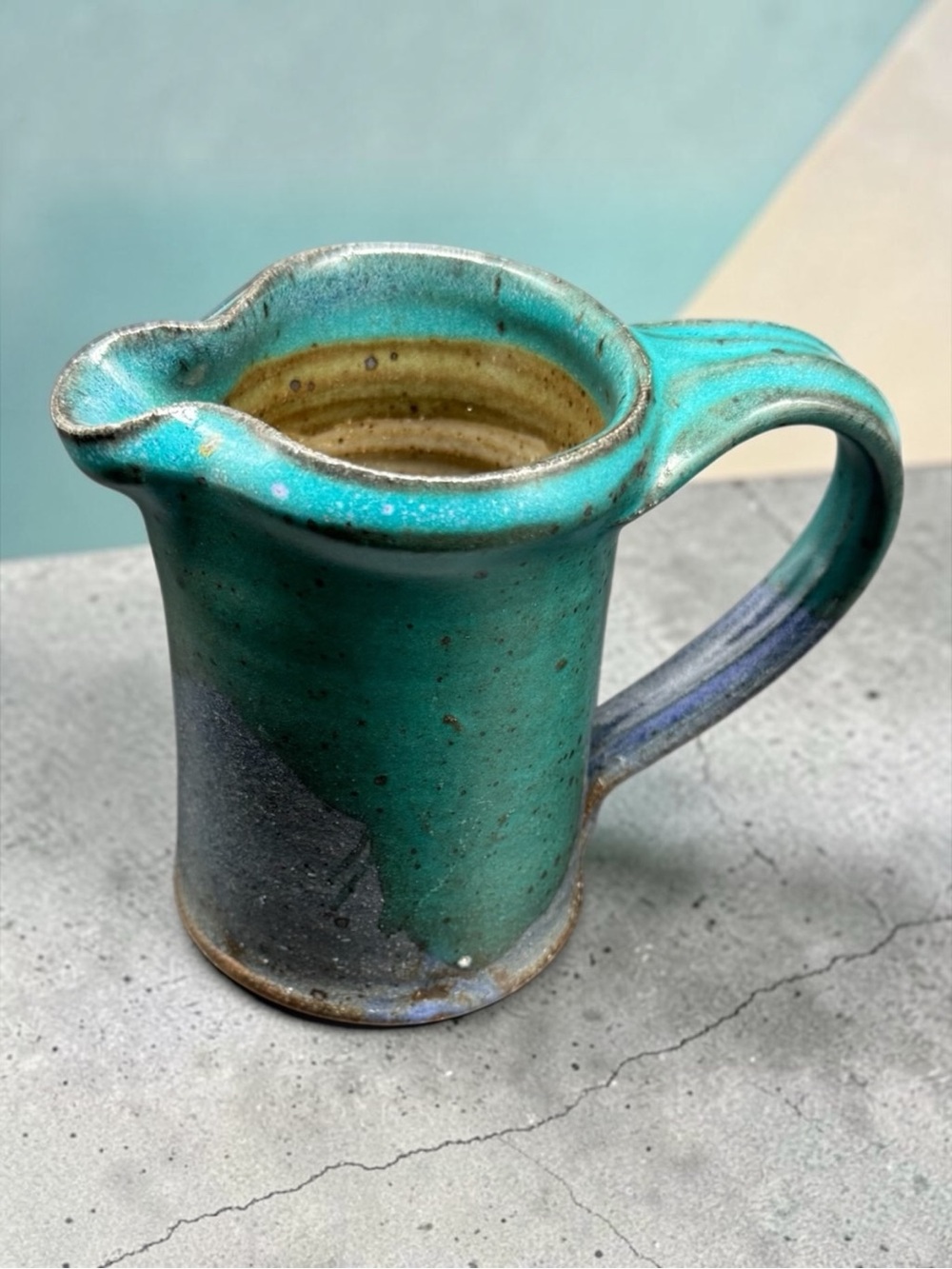 Studio Art Pottery Creamer Pitcher Syrup Teal Green Stoneware Farmhouse Signed